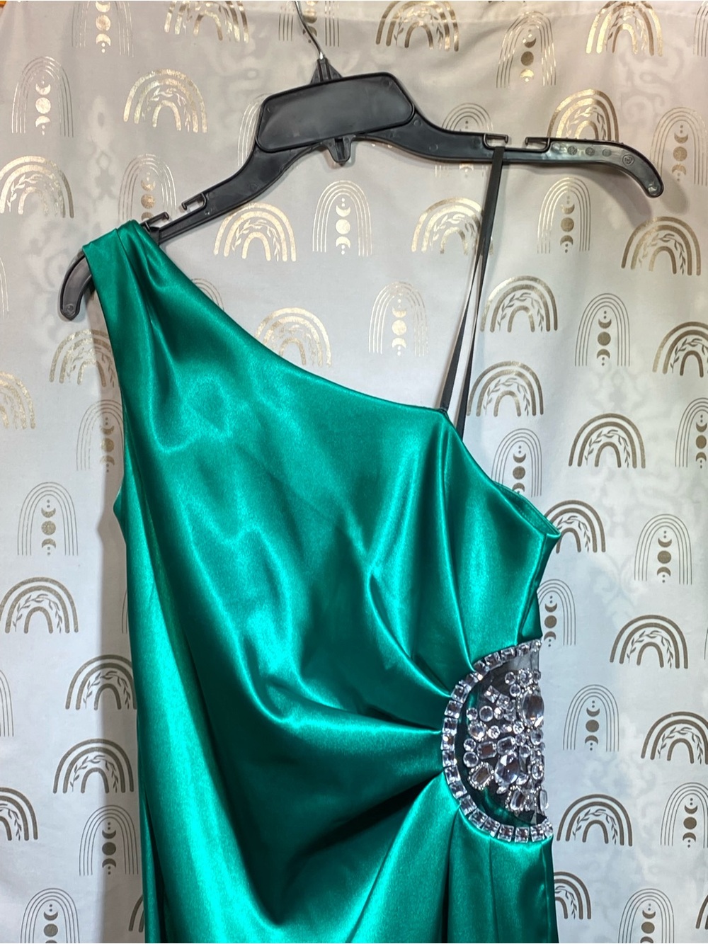 Adam One-Shoulder Teal Satin Dress with Rhinestone Waist Detail - Picture 4 of 12